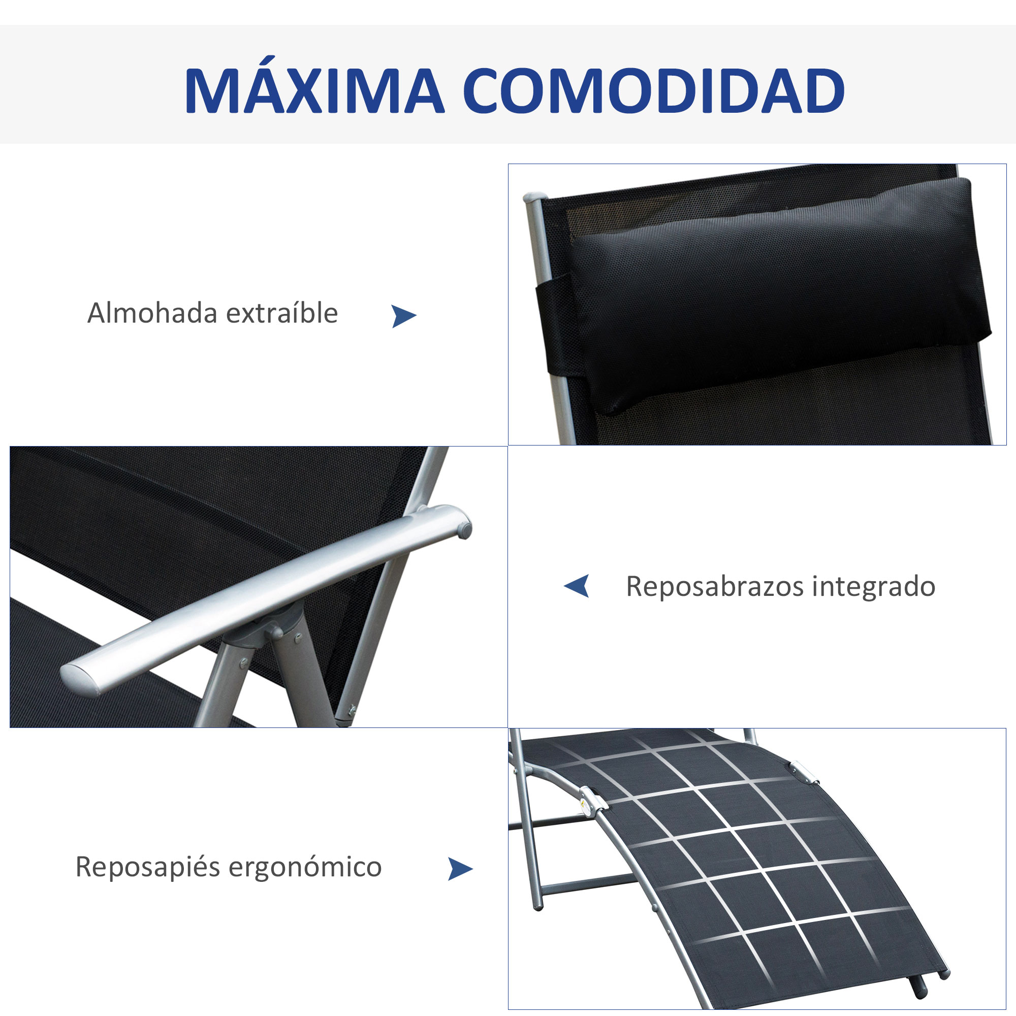 Espreguiçadeira dobrável Outsunny para jardim, com encosto ajustável em 7 níveis, almofada e apoios de braço, capacidade de carga de 165 kg, ideal para piscina, terraço e camping, dimensões 137 x 63,5 x 100,5 cm, preta.