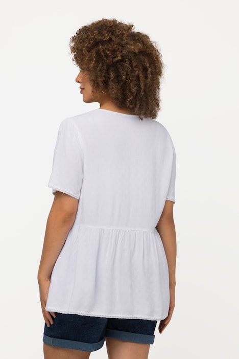 Bluse, Boxy Fit, V-Ausschnitt mit Spitzenband, Halbarm