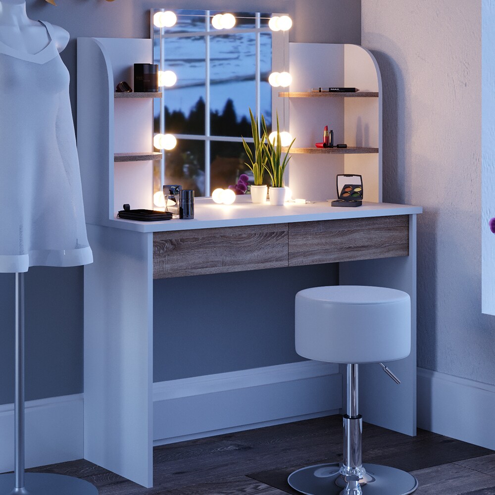 VICCO LED Schminktisch CHARLOTTE Frisiertisch Weiß Eiche Kosmetiktisch Hocker
