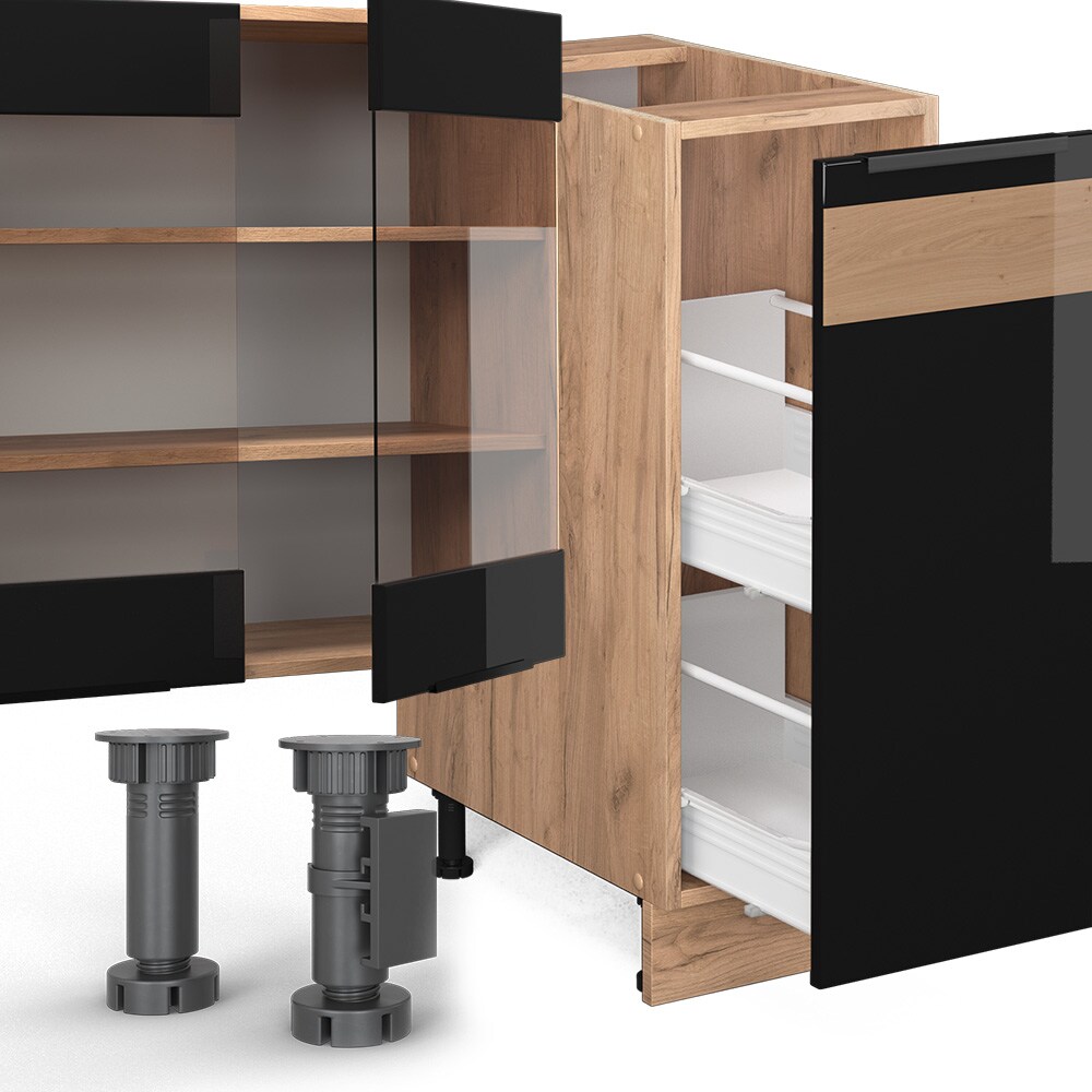 Vicco Küchenzeile Küchenblock Einbauküche Fame-Line Eiche Schwarz 280 cm modern Hochglanz Küchenschränke Küchenmöbel