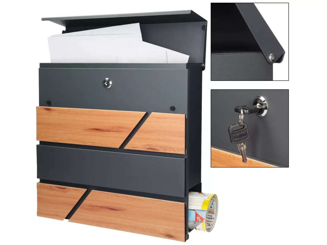 Boîte aux lettres moderne en acier anthracite imitation bois murale ML-DESIGN