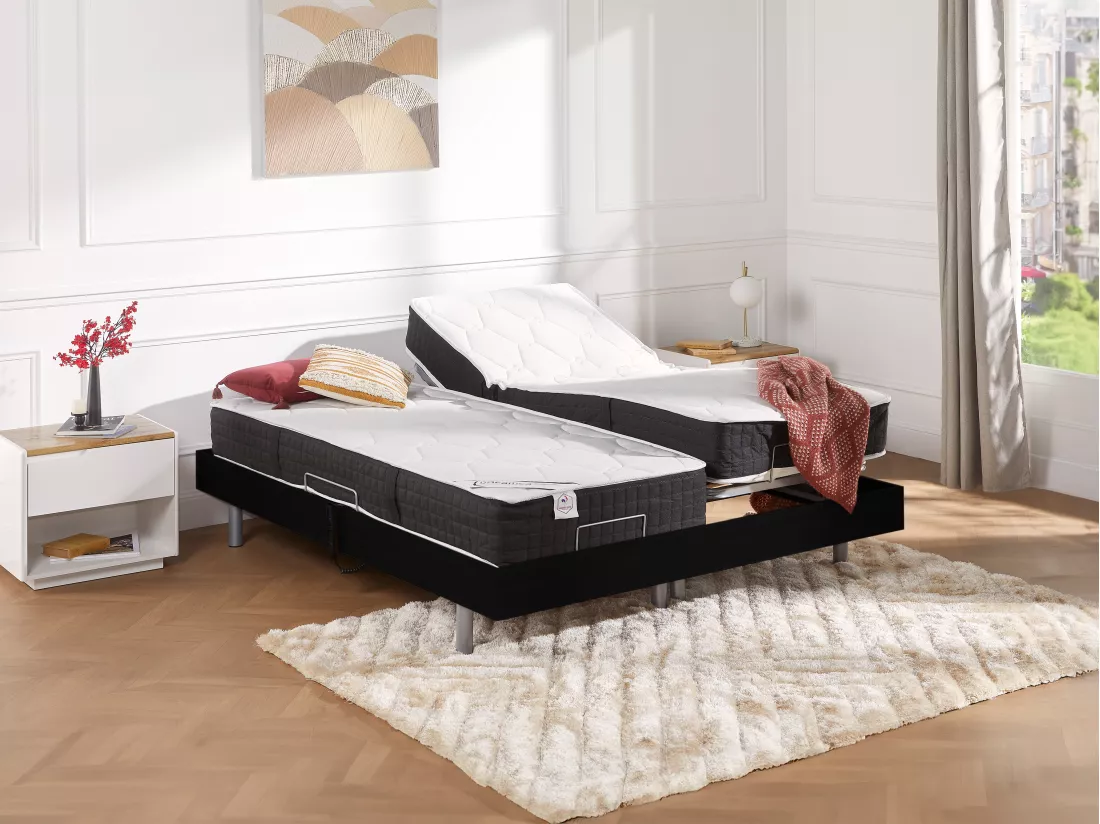 Lit électrique de relaxation tout plots + matelas ressorts ensachés et mémoire forme - 2 x 90 x 200 cm - Noir - PHANES de YSMÉE