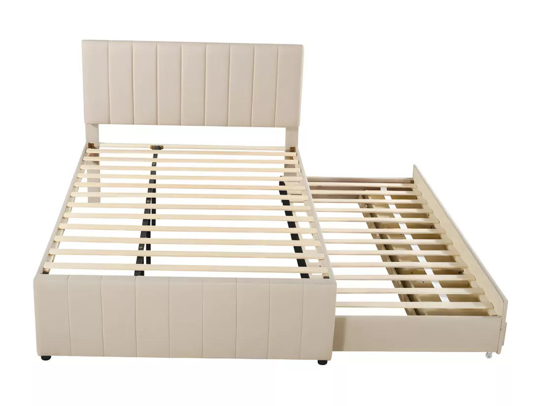 Lit rembourré en lin 140x200cm - avec un lit gigogne à roulettes et 3 tiroirs - Beige