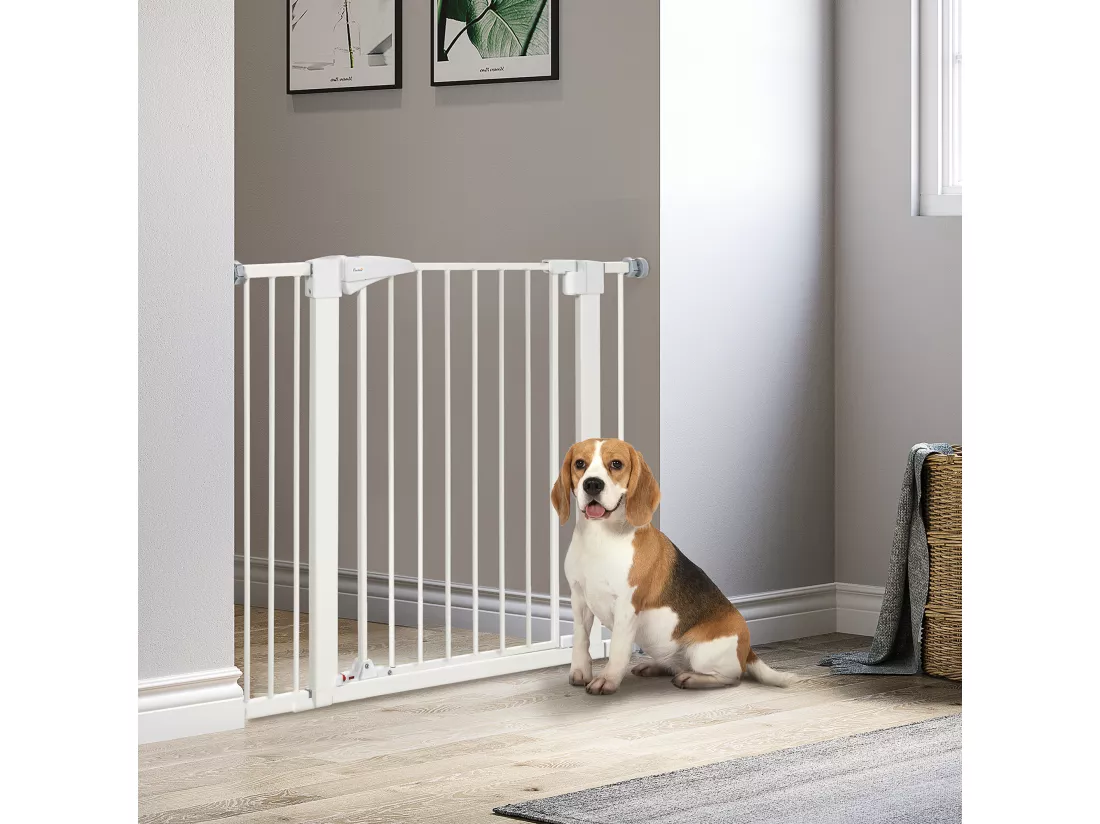 Barrière de sécurité animaux réglable 76-103L cm - porte 2 verrouillages, ouverture 2 sens - acier ABS blanc