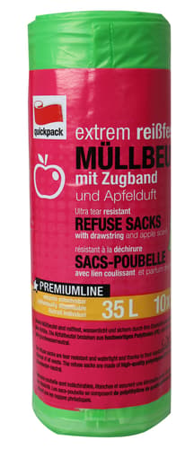 Quickpack Müllbeutel mit Apfelduft und Zugband grün extra stark 35 Ltr.