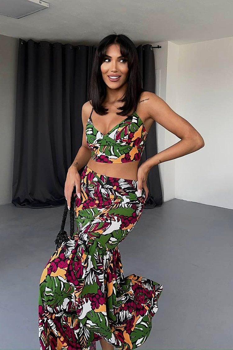 Ensemble 2 pièces crop top + jupe fleurie colorée