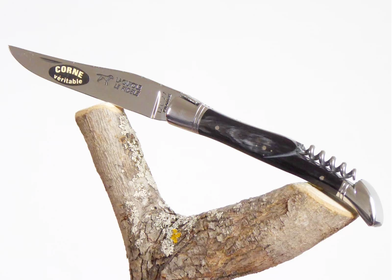 Couteau Laguiole avec un manche en Corne brune et tire bouchon et mitres Inox