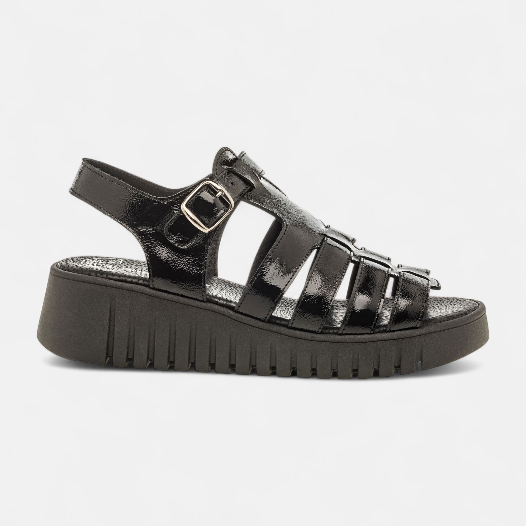 Sandales à talon compensé Femme en cuir noir vernis