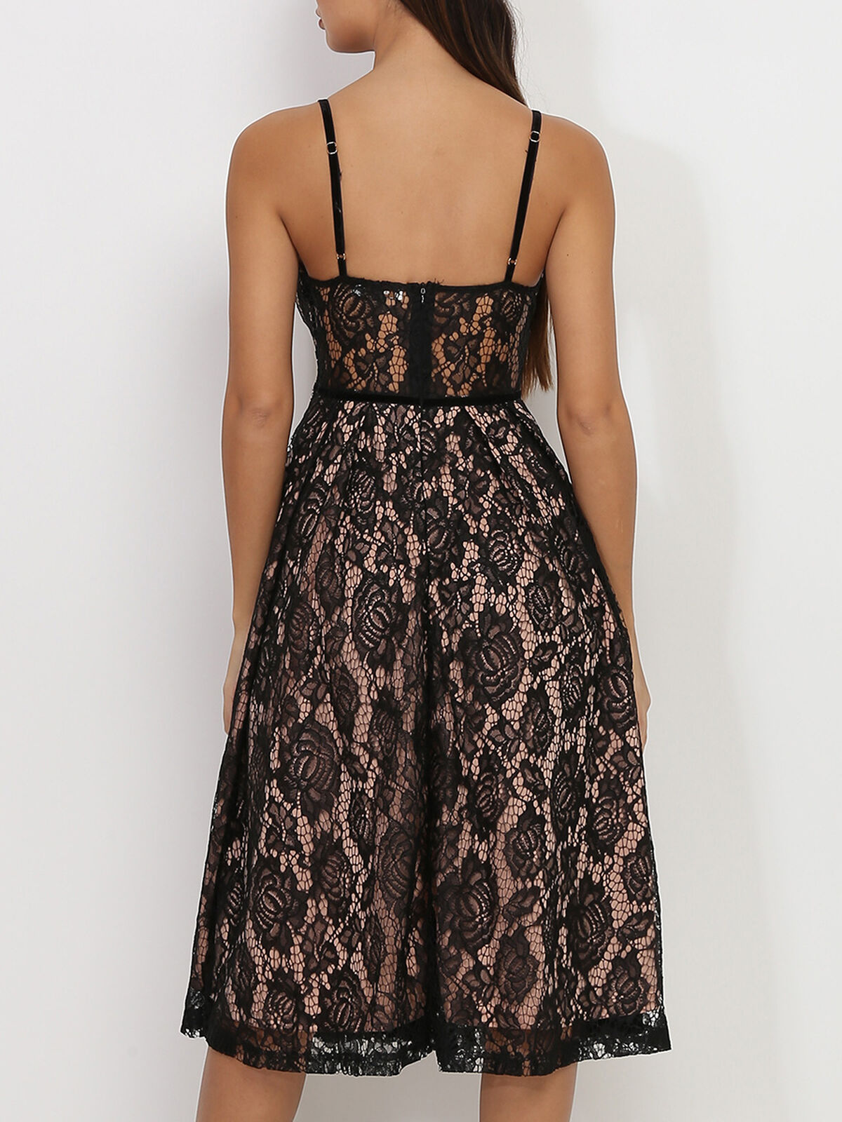 Robe évasée en dentelle à imprimé floral- Noir