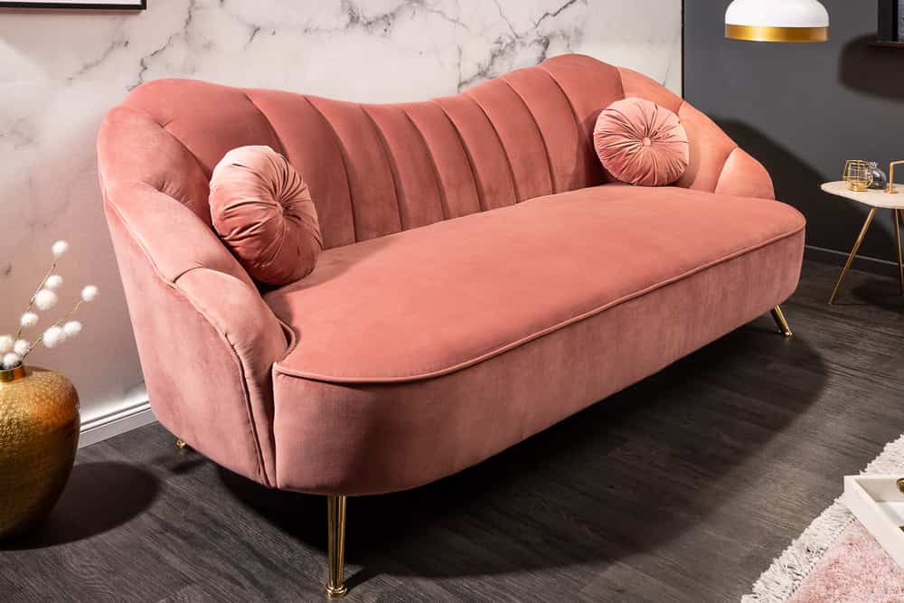 Retro 3-Sitzer Sofa ARIELLE 220cm altrosa Samt goldene Metallfüße Ziersteppung