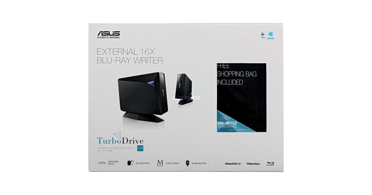 ASUSBW-16D1H-U Pro externe blu-ray-brander  (Zwart, USB 3.0, M-DISC)