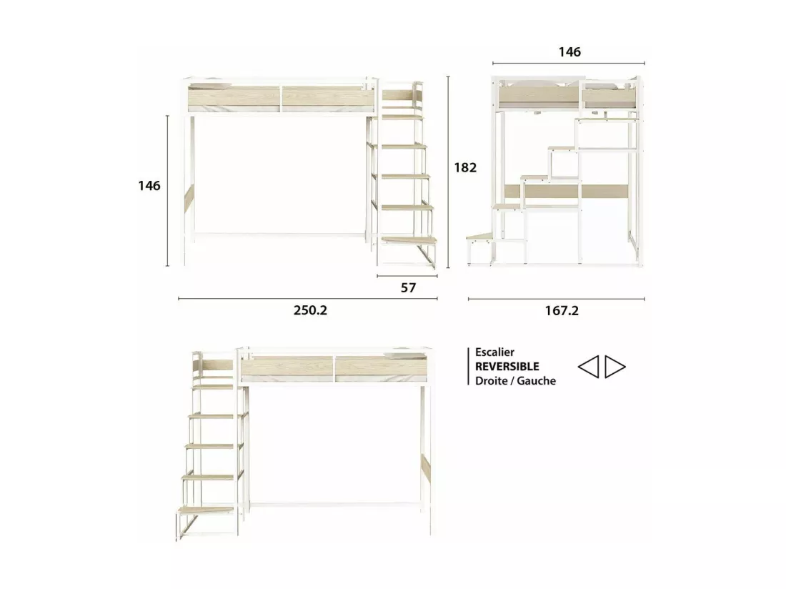Lit mezzanine avec sommier et escalier en métal finition epoxy blanche et mélamine imitation chêne - grand couchage 140 x 190 cm - MONTANA