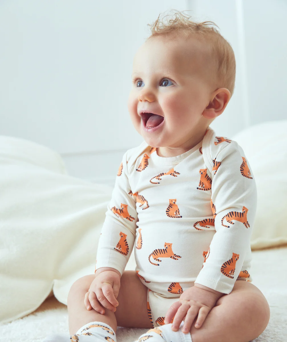 LOT DE 3 BODIES BÉBÉ GARÇON EN COTON BIO ÉCRU ET BLEU MOTIFS TIGRES
