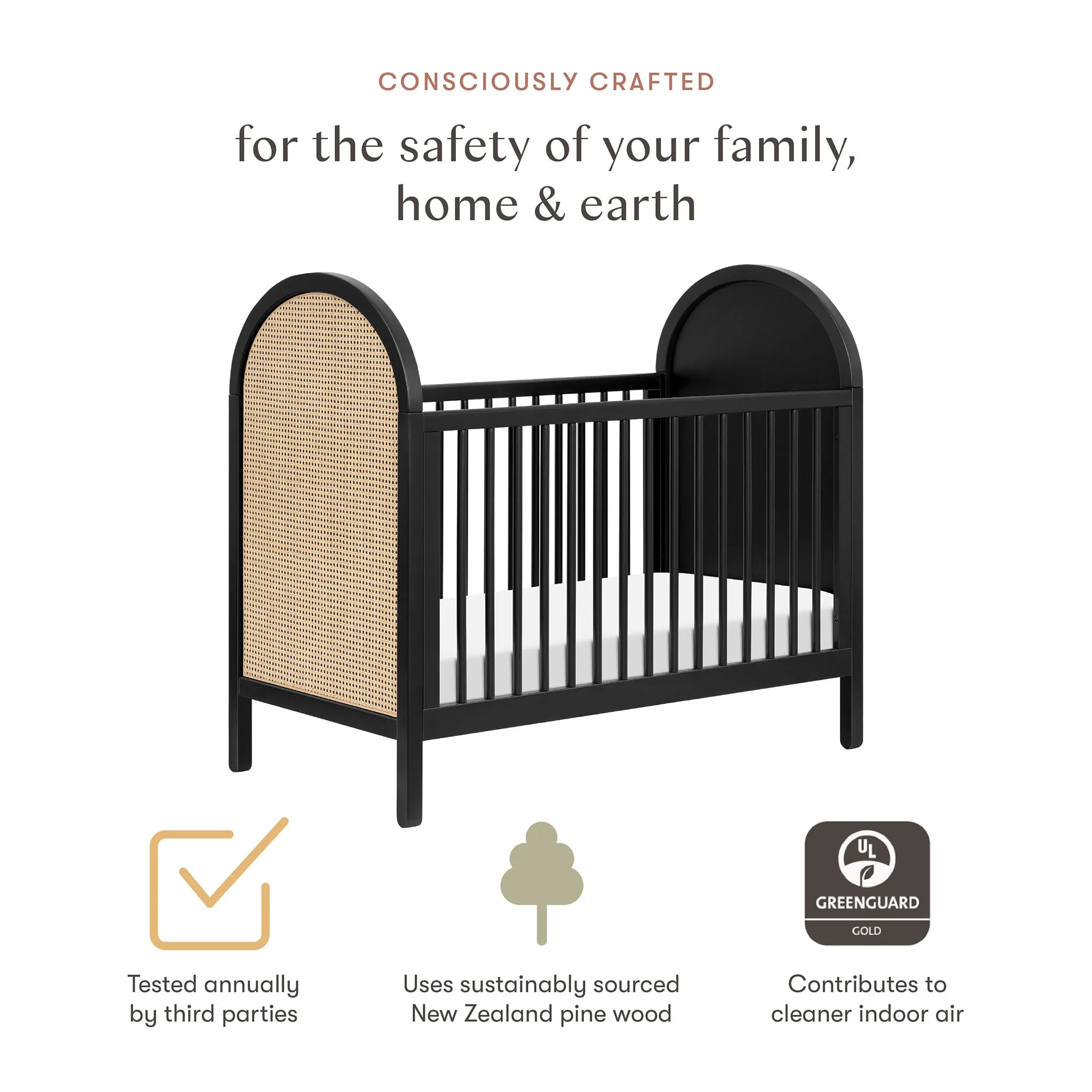 Babyletto Couchette Convertible 3 en 1 Bondi Cane avec Kit de Conversion Lit pour Tout-petit - Noir  Rotin