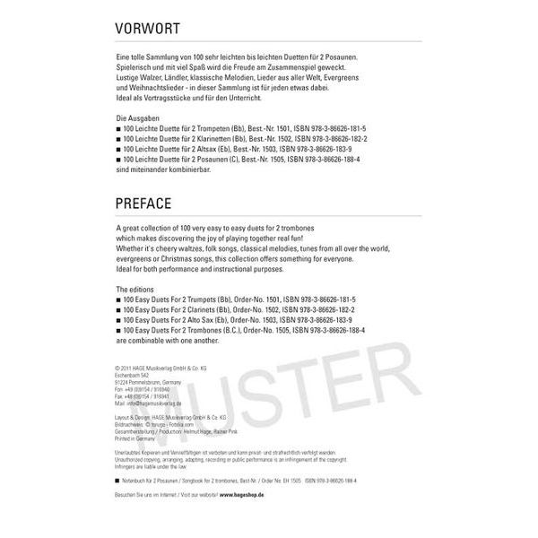 Hage Musikverlag 100 Leichte Duette Posaune