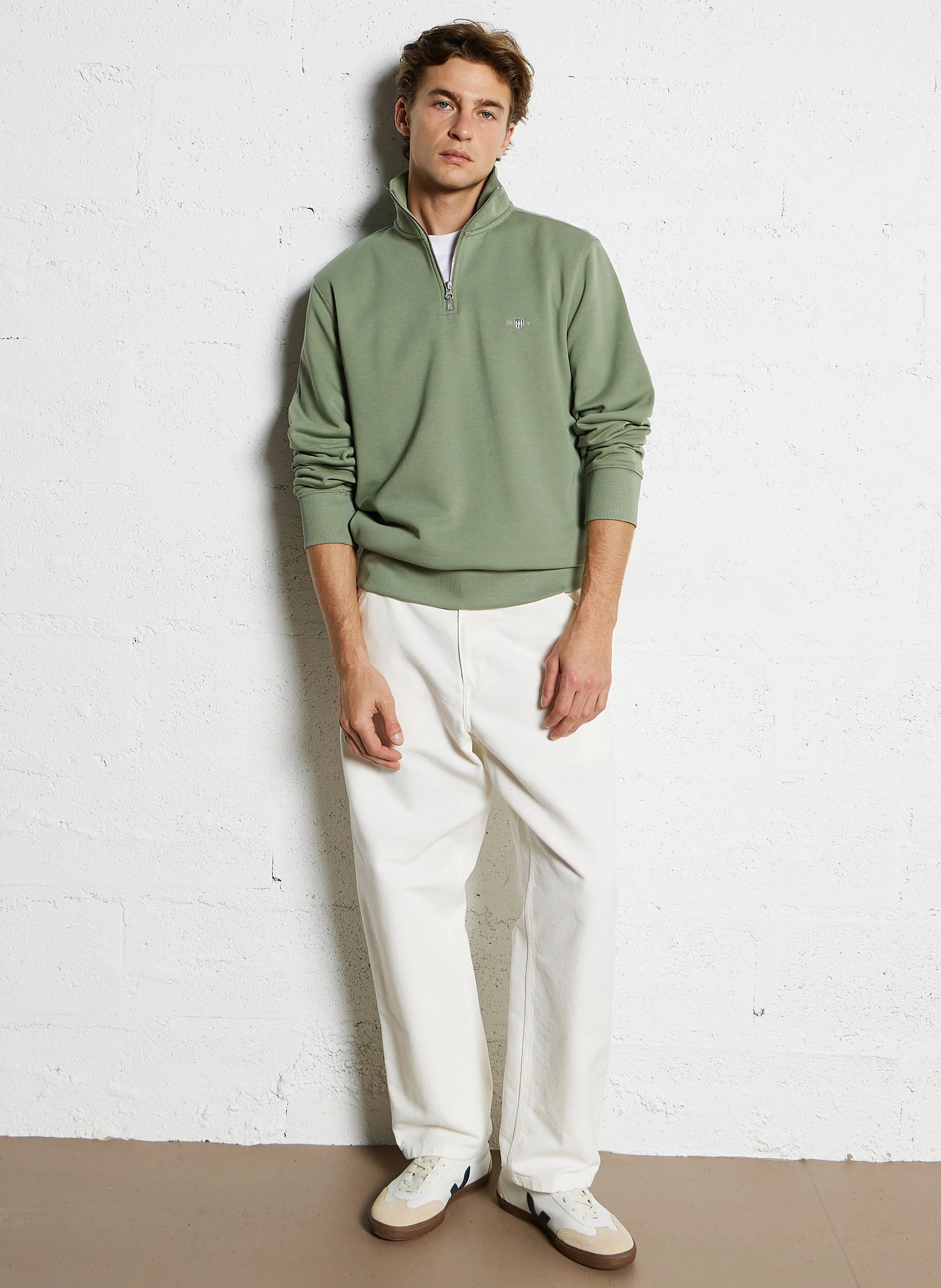 Pull col zippé en coton mélangé | Vert