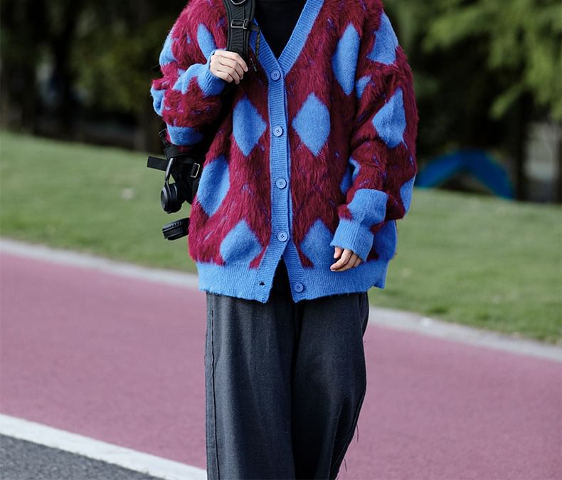 jaywoon - Argyle V-hals oversized pluizige cardigan