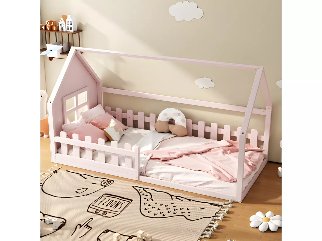 Lit cabane pour enfant 90x200 cm - en forme de maison - en bois de pin et MDF - Rose