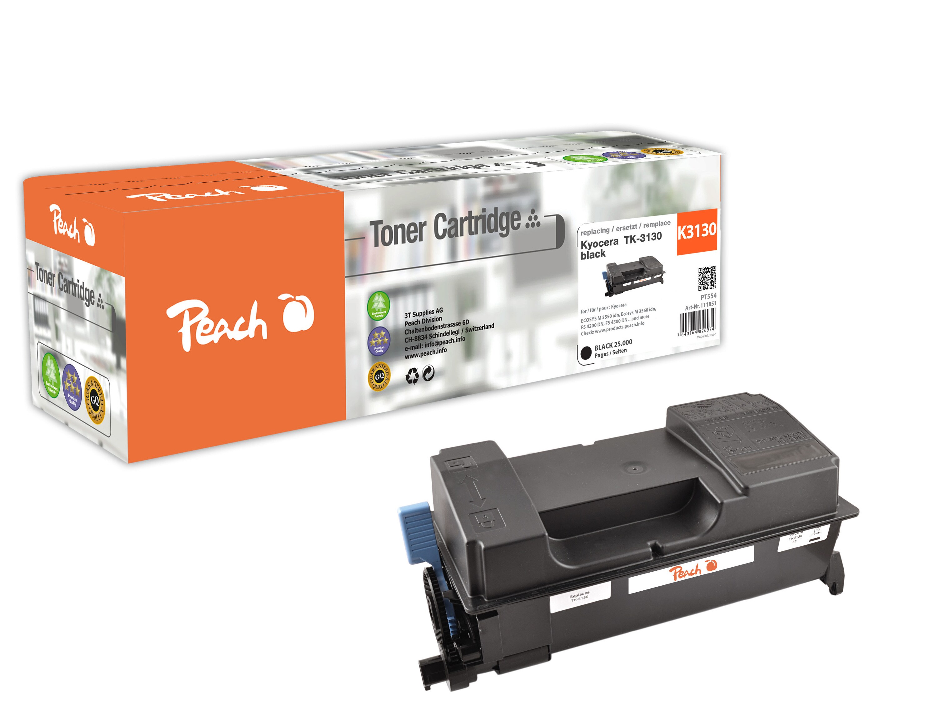 Peach K3130Toner XL bk ersetzt Kyocera TK-3130 für z.B. Kyocera ECOSYS M 3550 idn, Kyocera ECOSYS M 3560 idn, Kyocera FS -4200 DN (wiederaufbereitet)