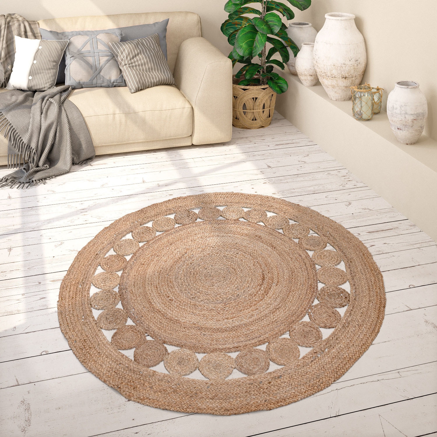 Paco Home Teppich »Viborg 593« rund 13 mm Höhe Jute, Modern, Boho, Ethno, Handgefertigter Natur-Teppich