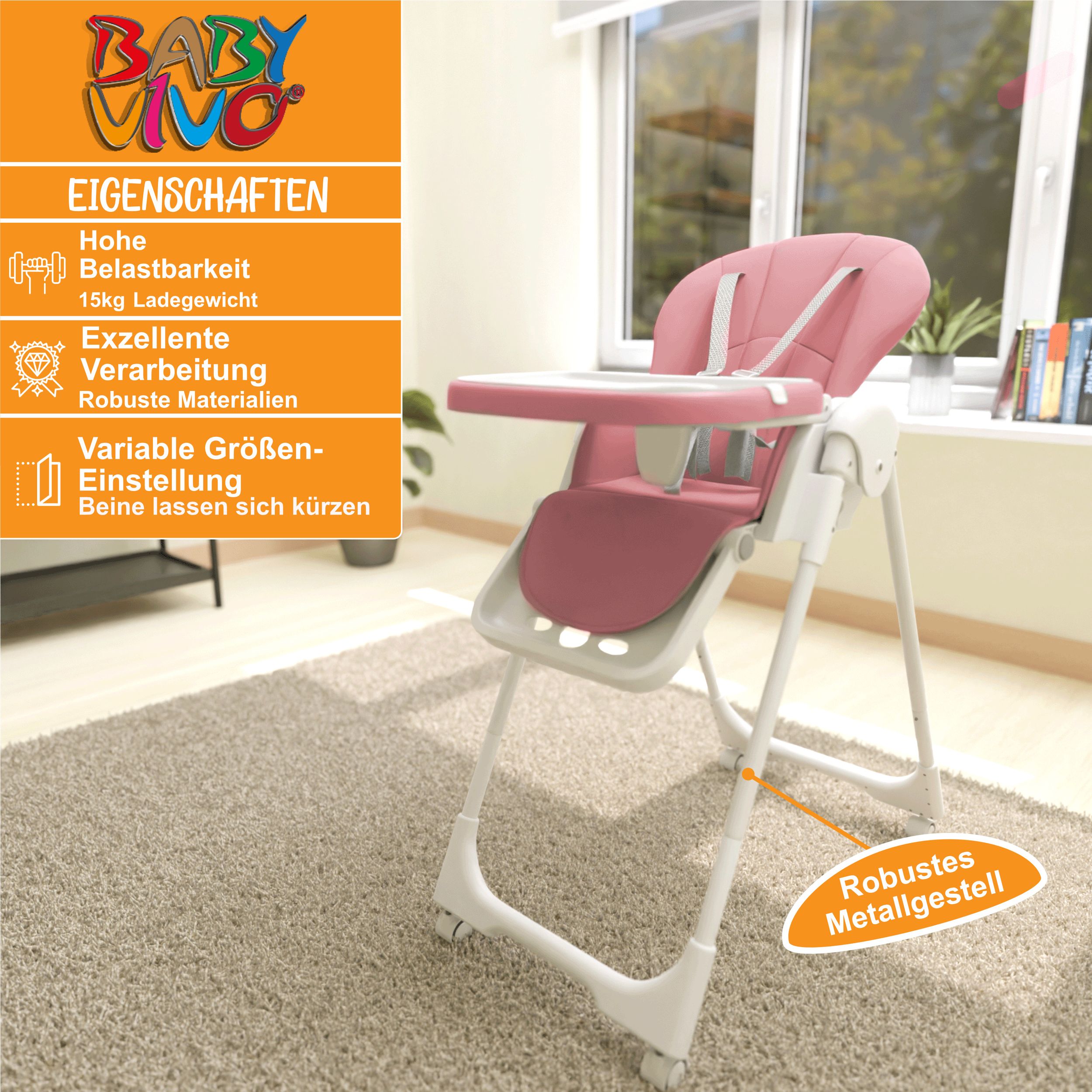 Baby Vivo Design Kinderhochstuhl aus Kunststoff - Tippy in Bubblegum