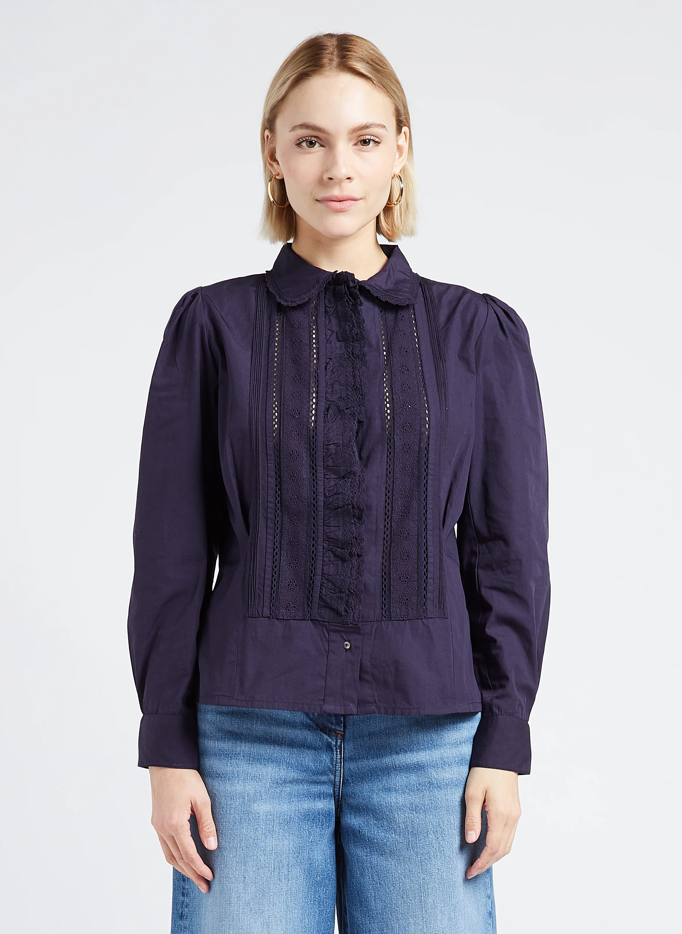 DIANE - Chemise col claudine en popeline de coton| Bleu