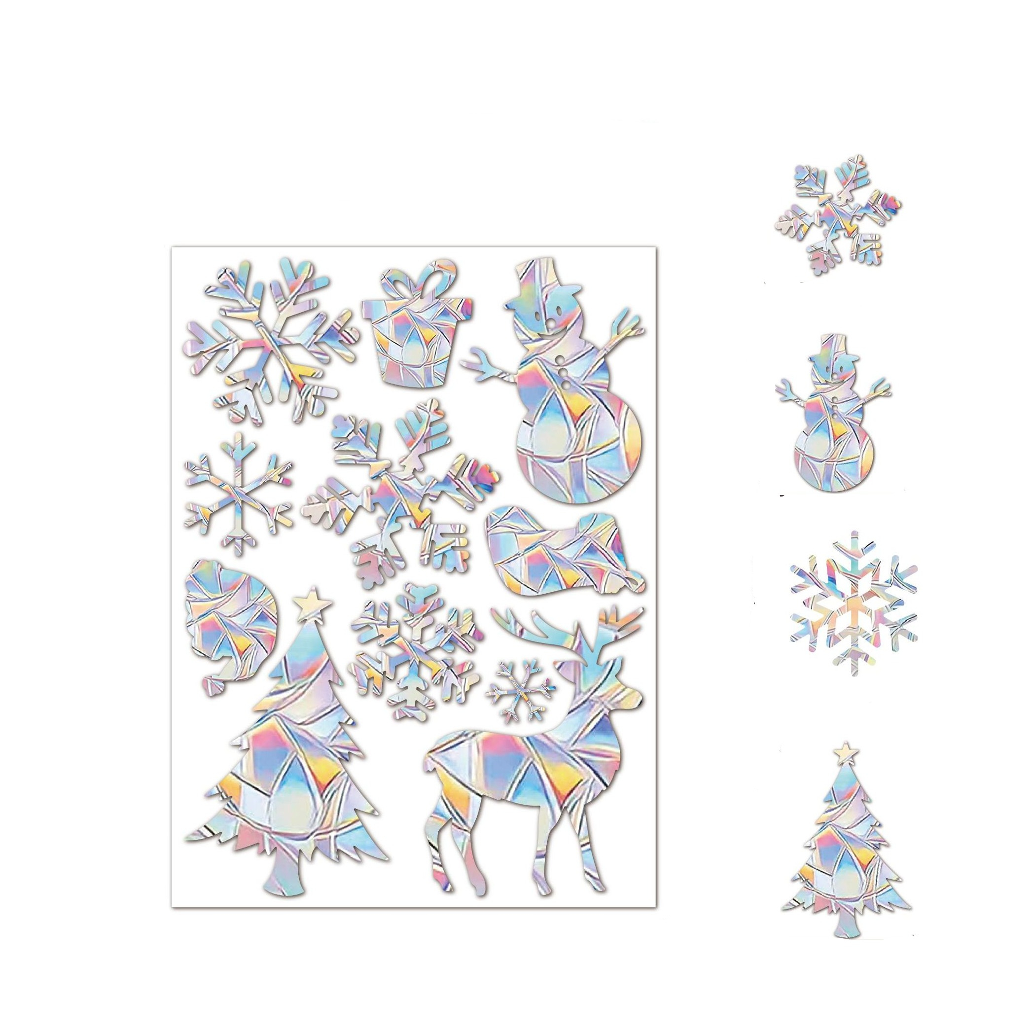 (11er Set) Holographische Weihnachts Fenster Folien Aufkleber Christmas Home Deko Prisma Suncatcher Sticker - Schneemann / Rentier