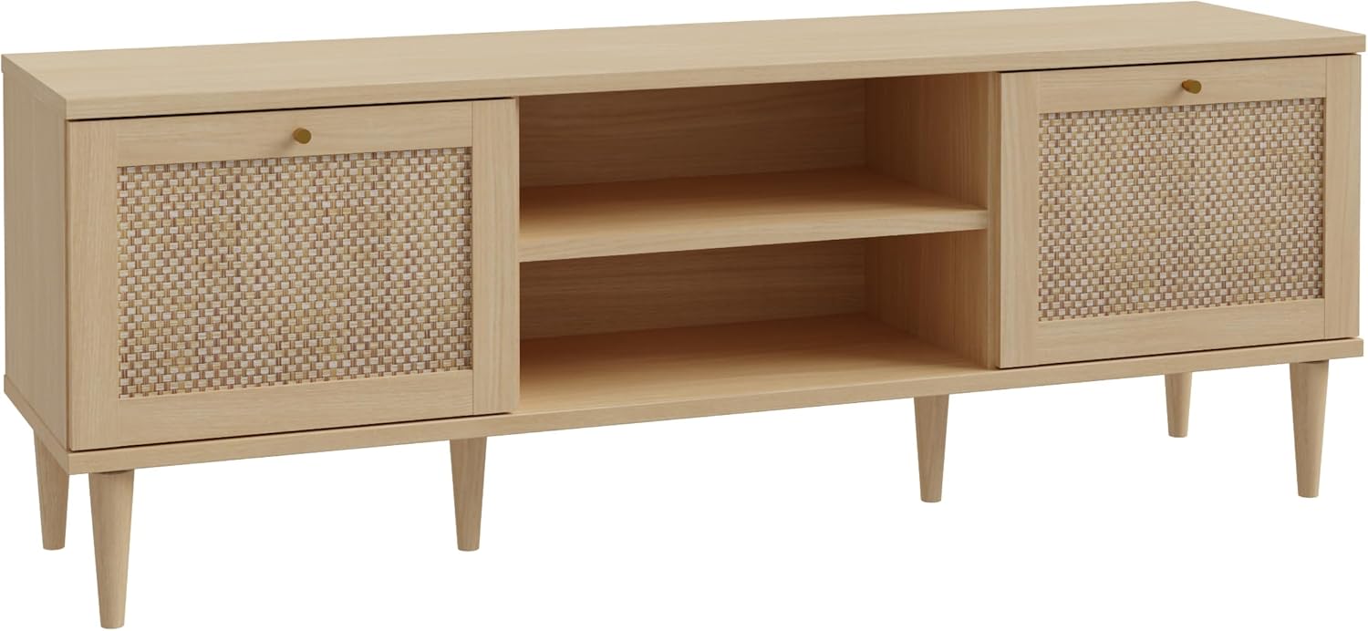 Forte CALASETTA TV-Schrank 160, Bett im Boho-Stil mit Wiener Geflecht, TV-Tisch, Holzwerkstoff, Elegancia Eiche Holzdekor/Technorattan, 160 cm breit x 58 cm hoch x 41 cm tief