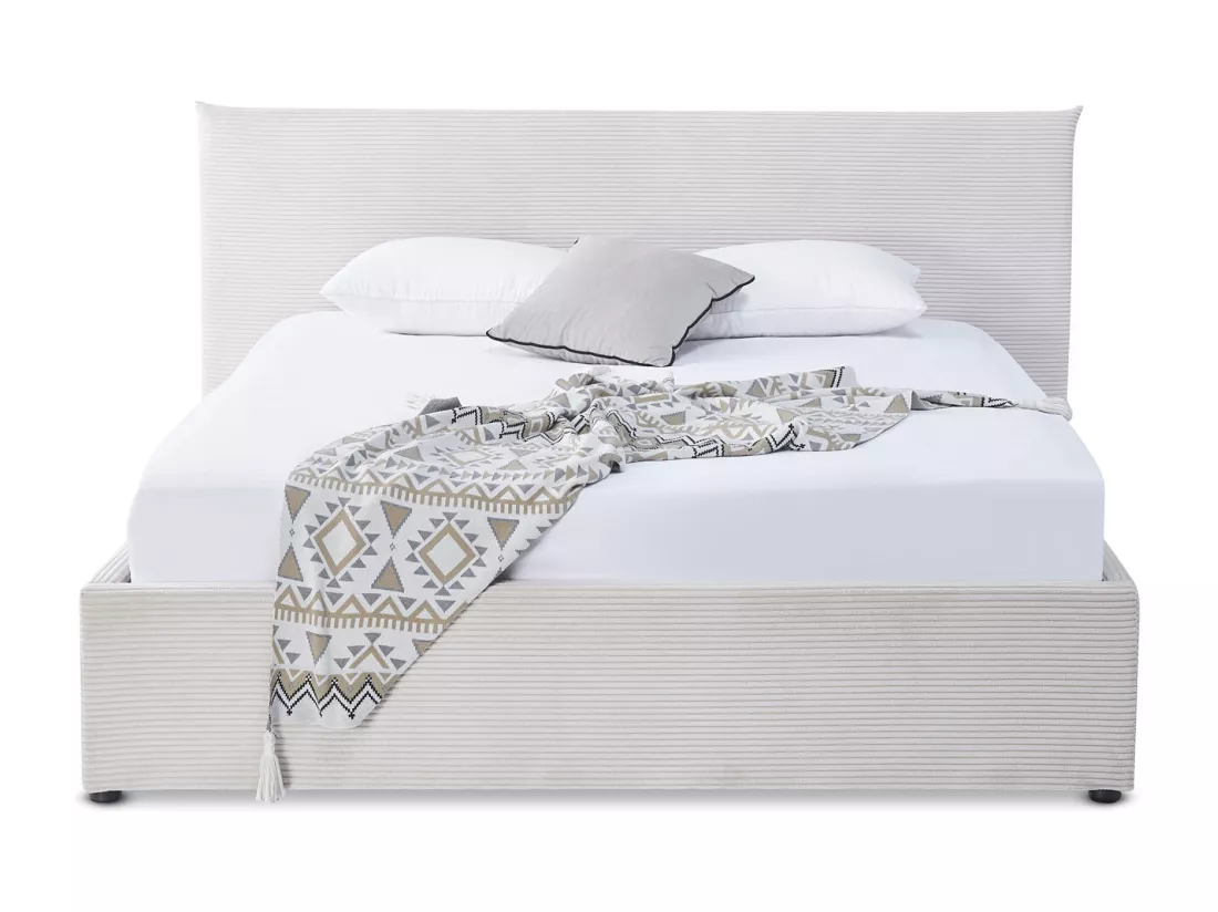 Somnus - Lit coffre rembourré en velours côtelé, sommier à lattes 160x200 cm, beige