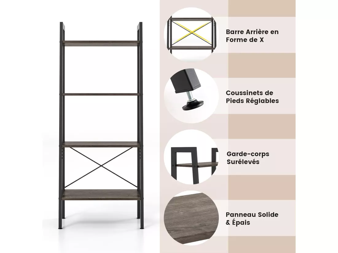 Étagère à 4 niveaux, cadre en métal, style industriel, 56 x 34 x 138 cm (chêne gris)