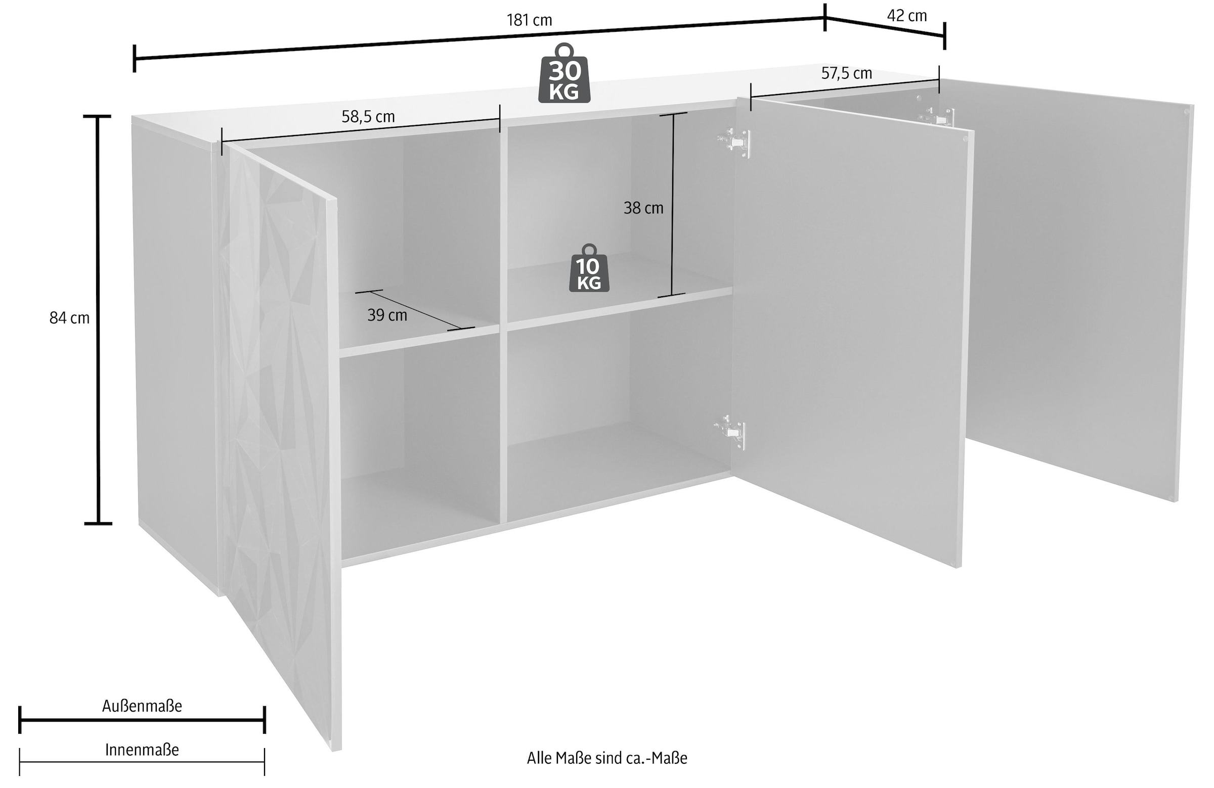 INOSIGN Sideboard »Prisma Breite 181, Kommode 3 Türen, Anrichte« Front mit elegantem Siebdruck, grifflos, viel Stauraum