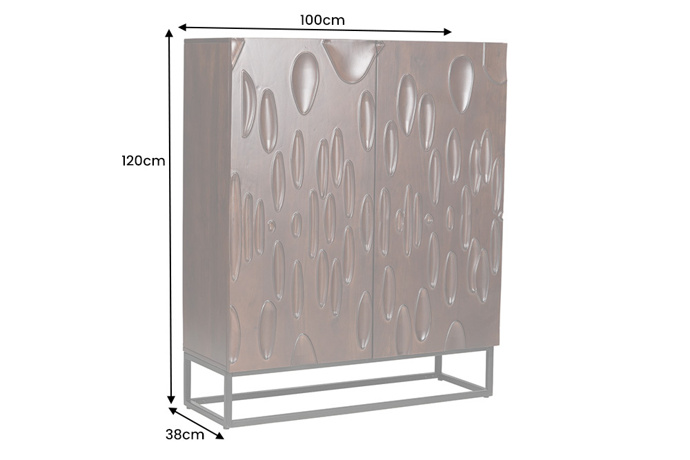 Massives Highboard DUNE 120cm walnuss-braun Akazienholz 3D-Design schwarz Metall