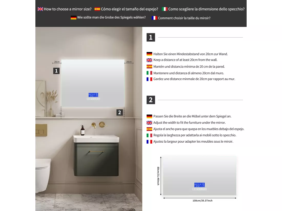 Miroir de salle de bain rond lumineux 80x100 cm,avec haut-parleur Bluetooth, avec affichage de la température et fonction désembueur, avec éclairage LED, réglage à six boutons, avec interrupteur tactile