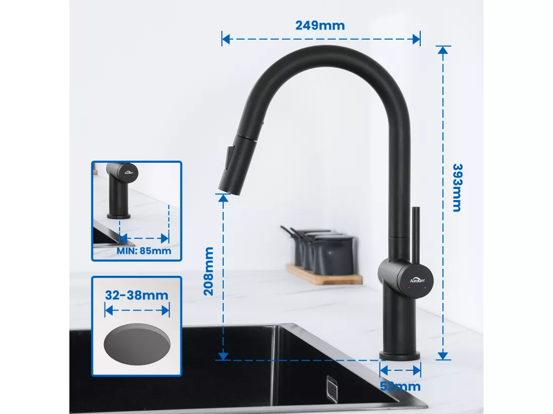 AuraLum Max robinet cuisine mitigeur cuisine avec douchette extractible, mitigeur évier cuisine 2 modes jets rotatif à 360 degré Noir,EU Modèle
