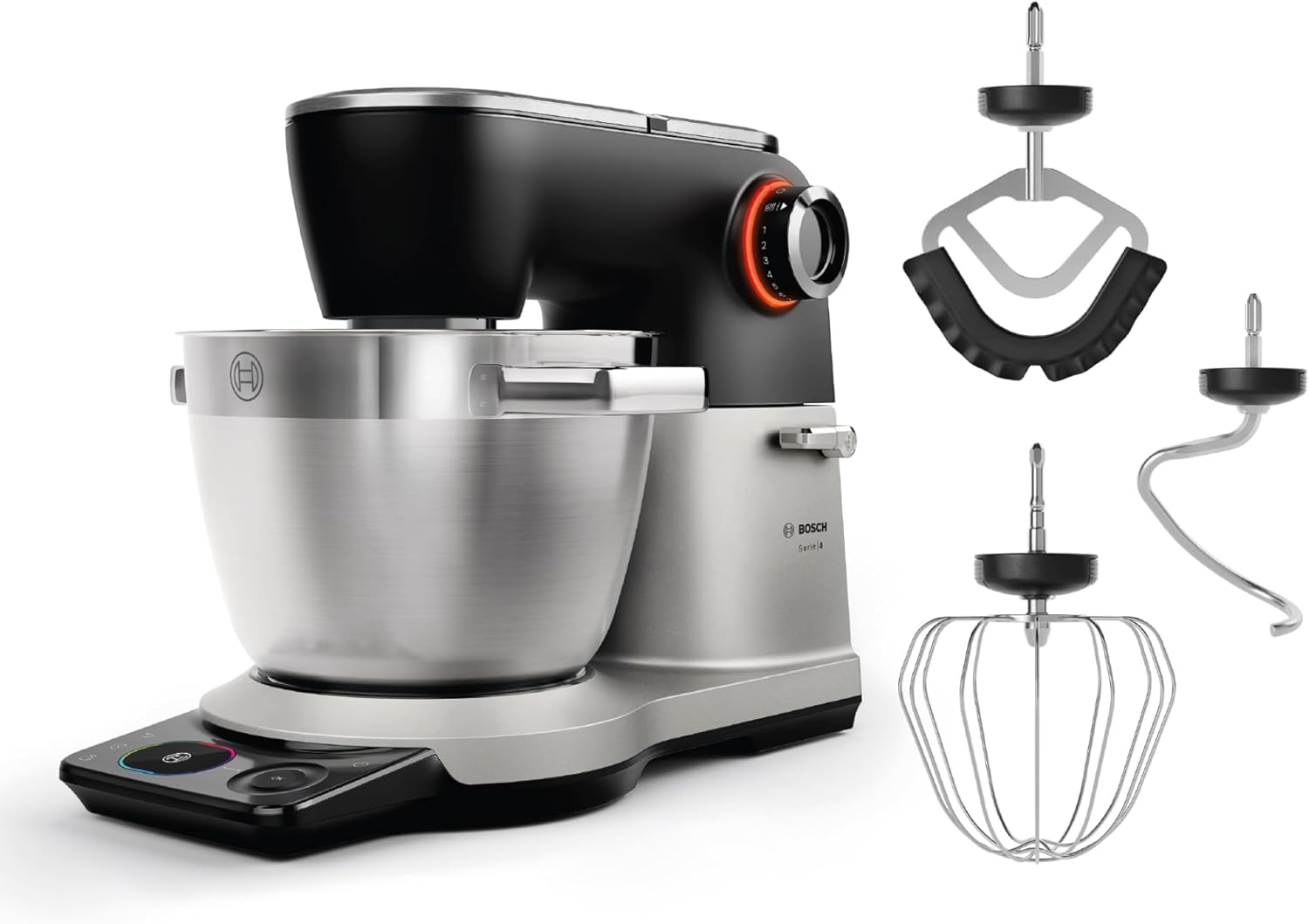 Bosch Küchenmaschine Serie 8, NEU, 9 Automatikprogramme, Waage, Timer, 7 Stufen, 6l Edelstahl-Schüssel, Knethaken, Rührbesen, Silikonbesen, spülmaschinenfest, 1.800 W, MUMS8ZS00