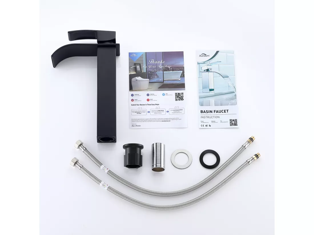 AuraLum Max Robinet de Lavabo Cascade Noir Bec Haut Mitigeur Vasque à Poser Robinet Salle de Bain en Laiton,EU Modèle