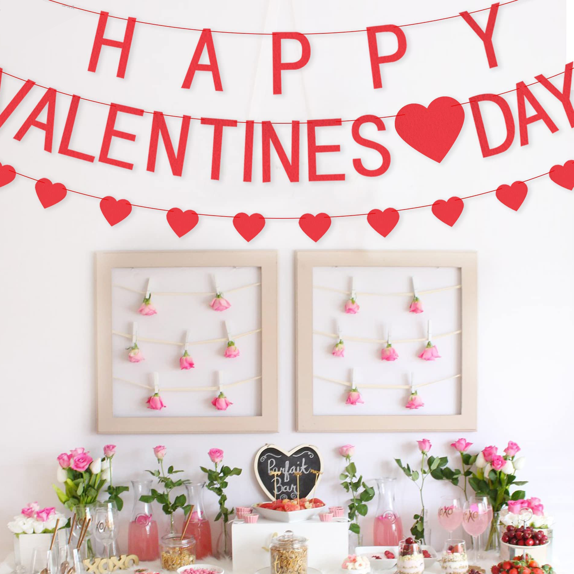(2er Set) Filz Herz Girlande Valentinstag Party Dekoration Accessoire Banner - Happy Valentine's Day