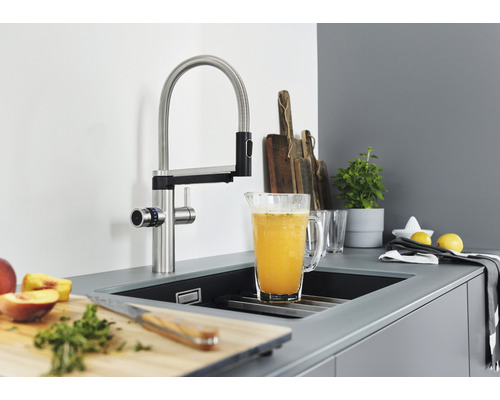 Blanco keukenkraan met bruiswater DRINK.SODA EVOL-S PRO, geborsteld roestvrij staal, 526255