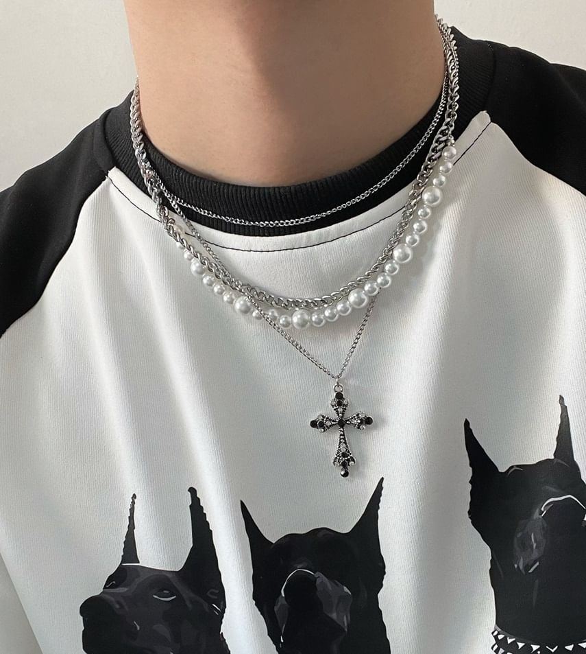 Lilafey - Kruis strass hanger imitatie parel gelaagde ketting