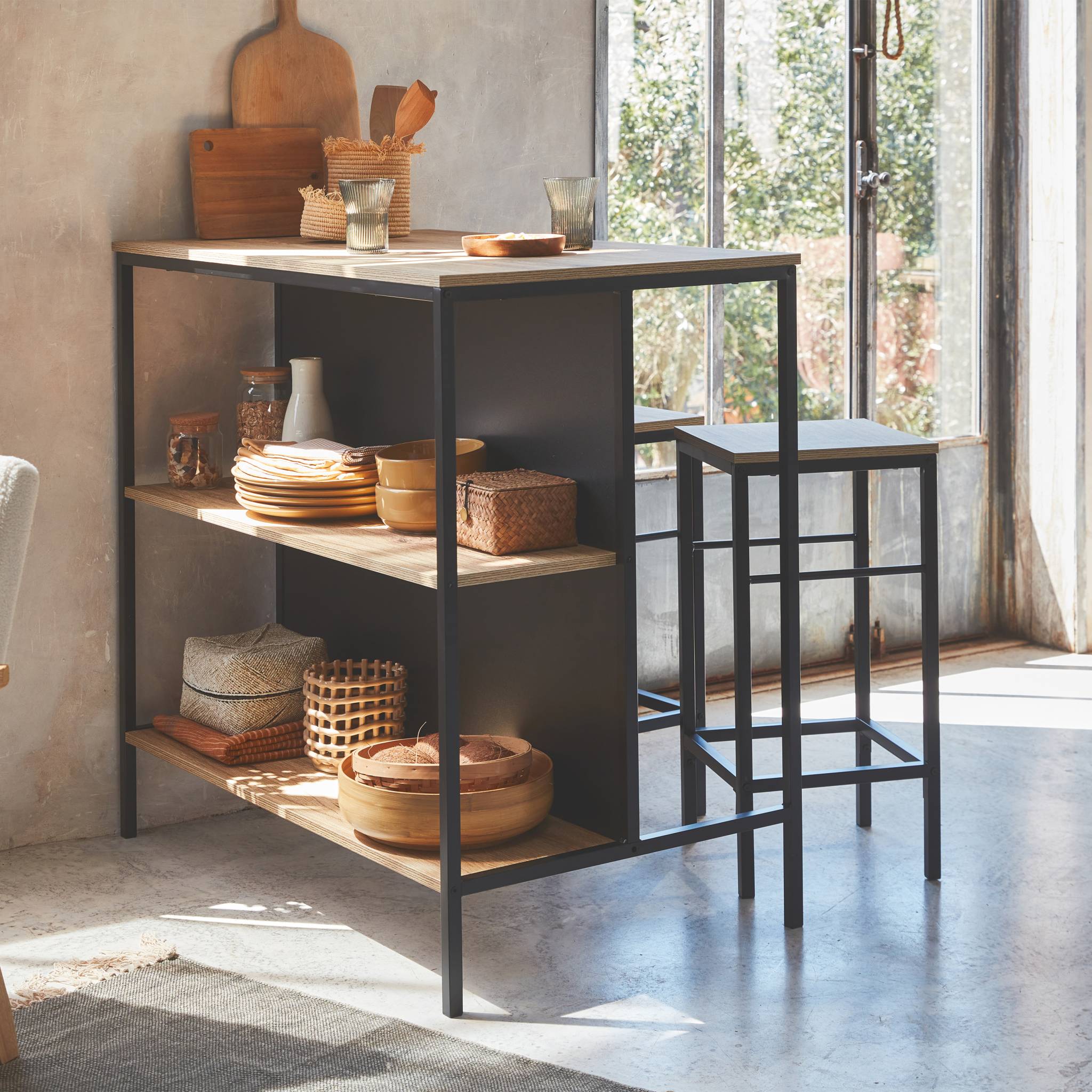 Table haute deux tabourets et deux étagères décor bois et métal. Loft. L 100 x p 60 x h 95cm