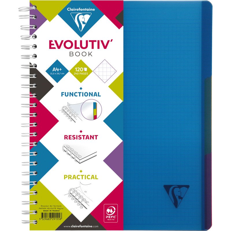 Cahier spirale Linicolor Evolutiv'book A4+ 22,5 x 29,7 cm petits carreaux 240 pages