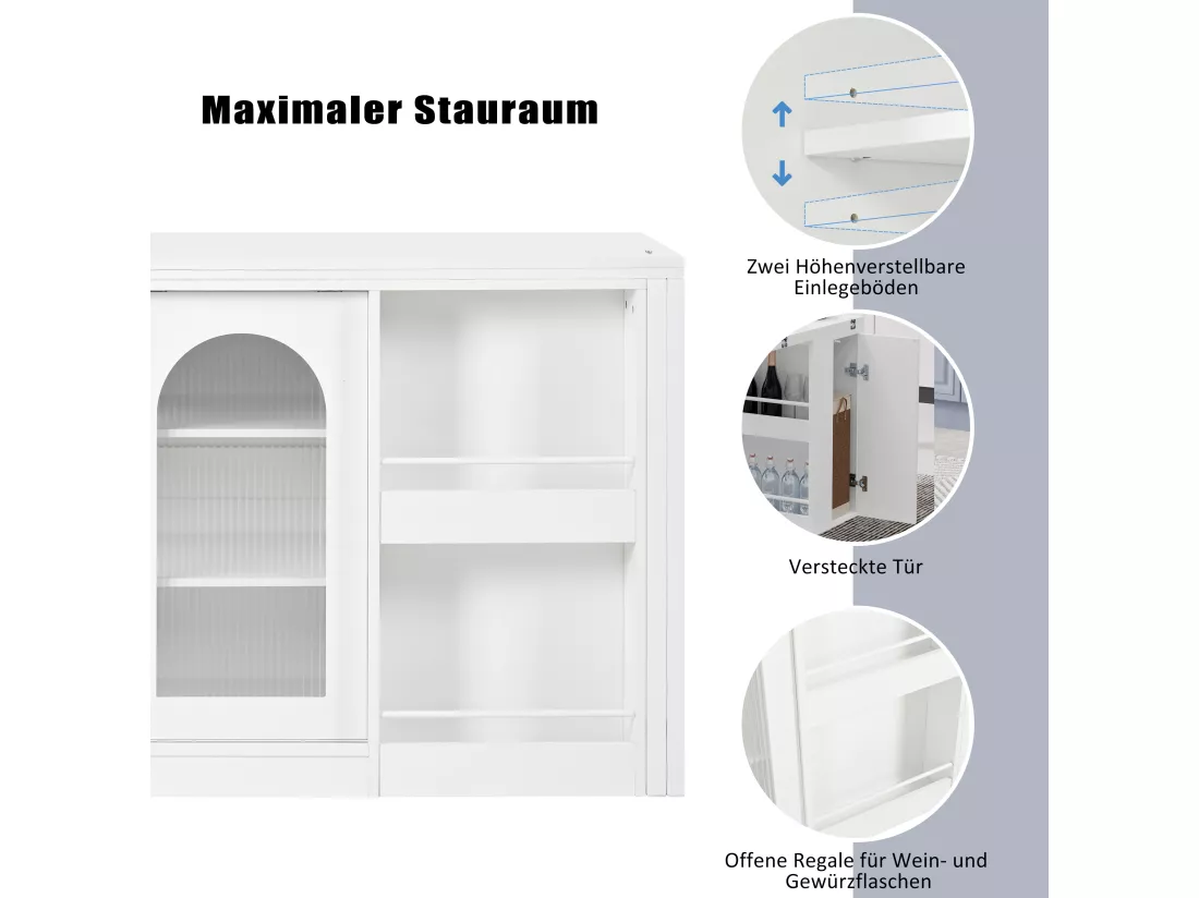 Meuble de bar extensible pivotant, table à manger - 2 portes coulissantes en verre et 2 étagères - Bois MDF - 115 x 40 x 74.5 cm - Blanc