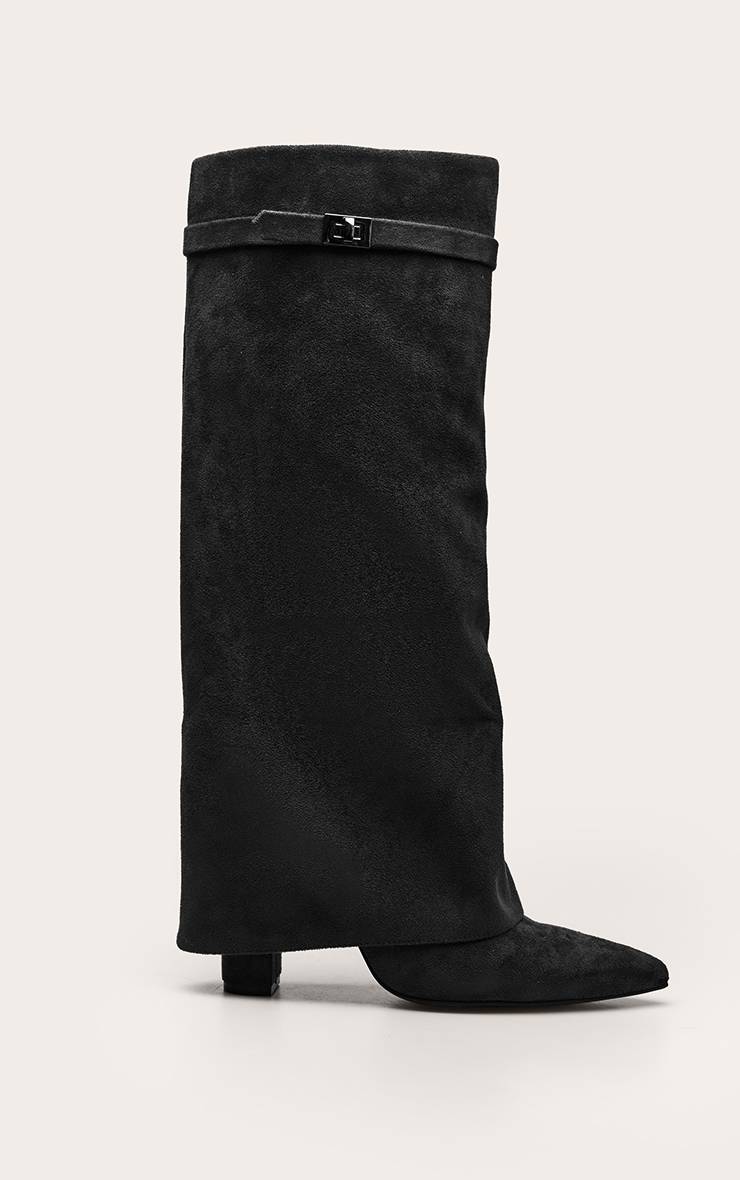 Noir Botte Haute À Talon Bloc En Synthétique À Bout Pointu Avec Revers Au Genou