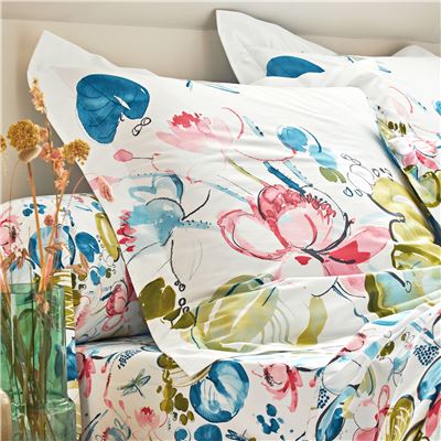 Linge de lit percale fleurs et feuilles de nénuphars multicolores
