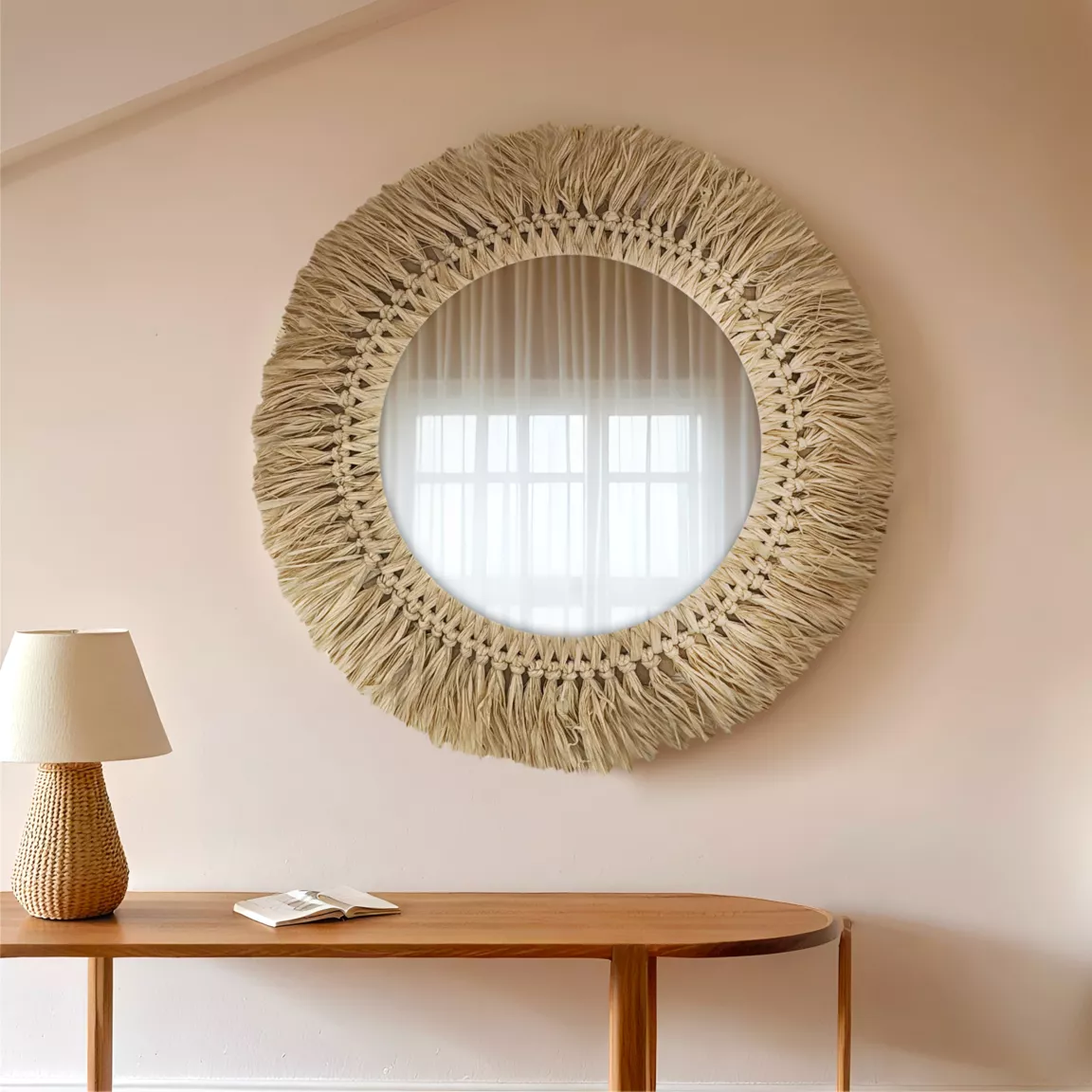 Miroir mural rond en fibres naturelles (D50 cm) Makira Beige