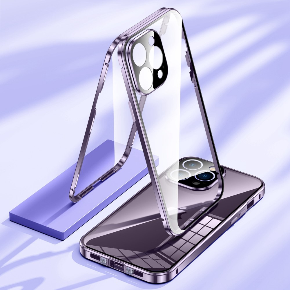 iPhone 14 Pro Magnetische Alu Schutzhülle mit Panzer Glas Backcover   Display- / Kameraglasschutz (Magnet-Technologie) - Gold