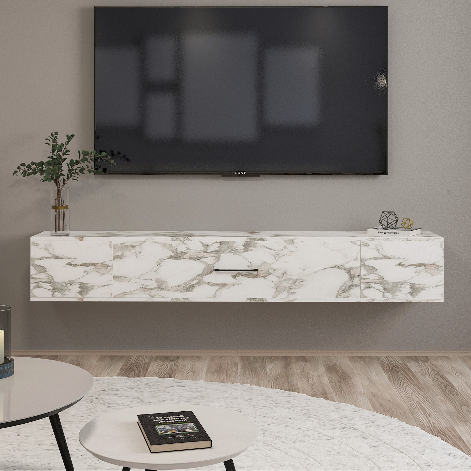 TV Lowboard - weiß Marmoroptik - hängend - 160 cm