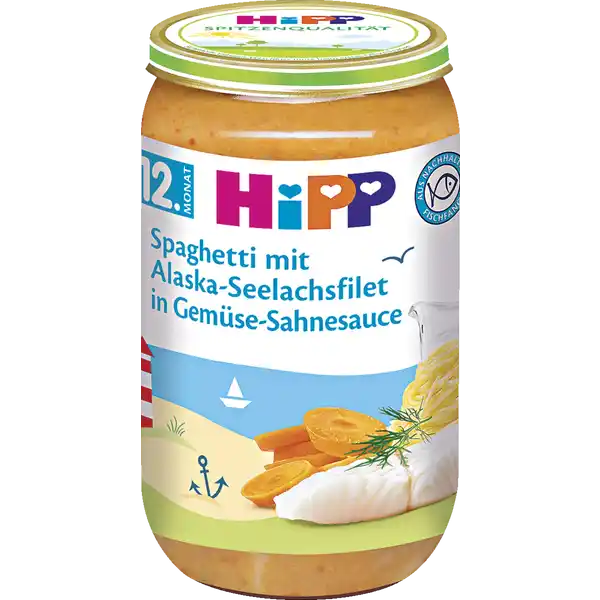 Spaghetti mit Alaska-Seelachsfilet in Gemüse-Sahnesauce