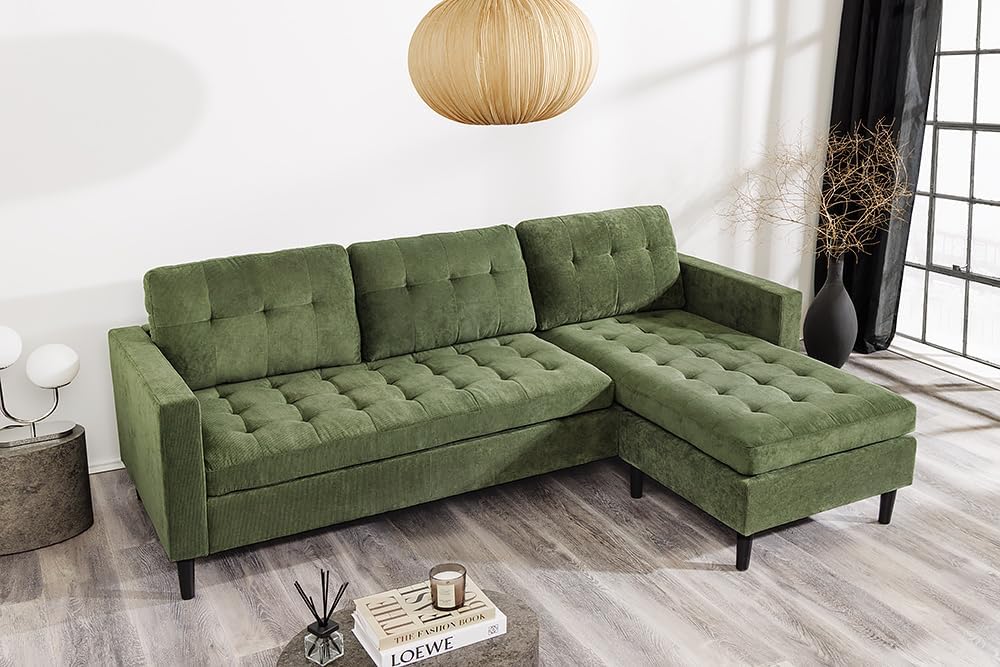 Riess Ambiente Retro Ecksofa Stockholm - 220cm - grün Cordstoff - Federkern 3-Sitzer Couch