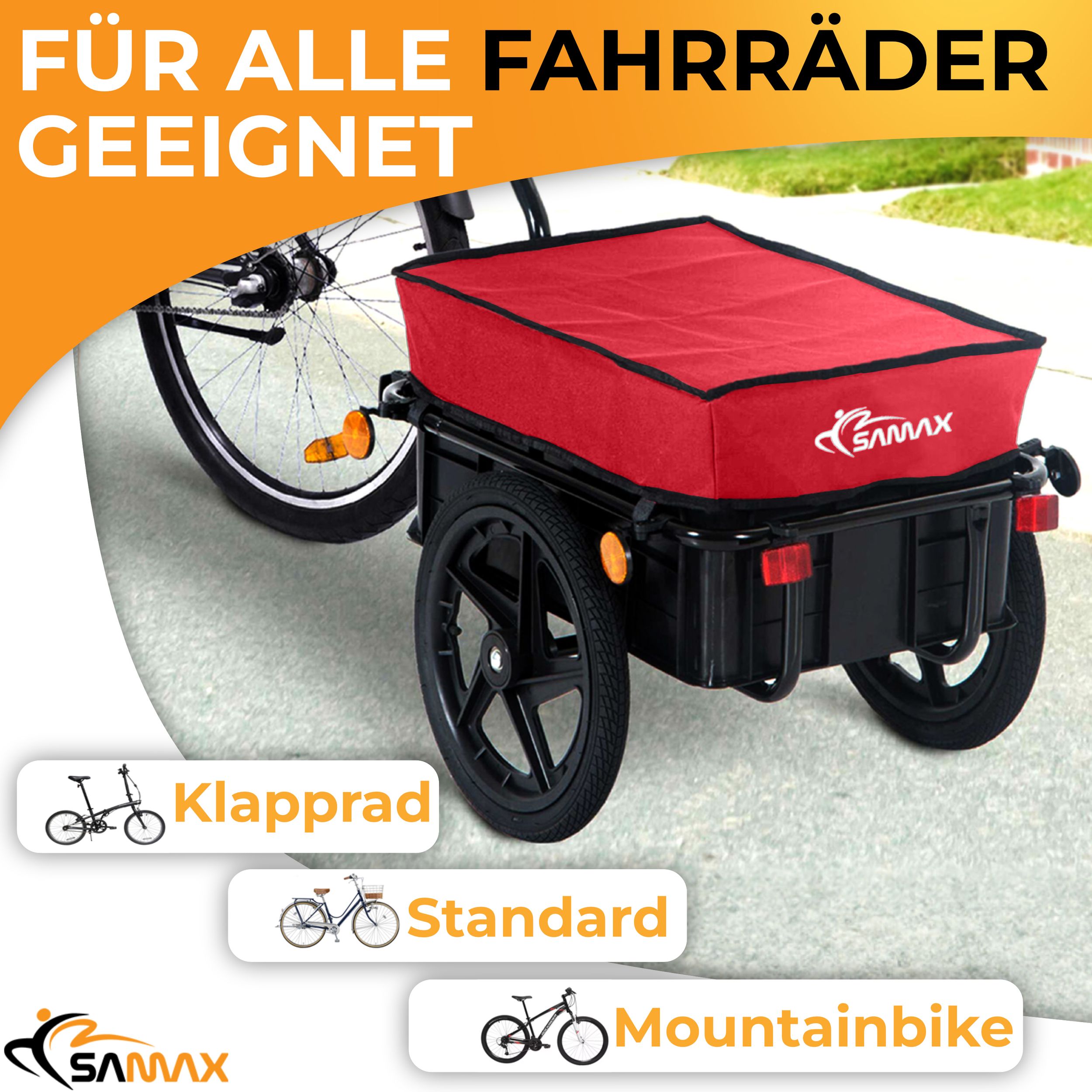 SAMAX Lastenanhänger / Fahrradanhänger für 60 Kg / 70 Liter in Rot